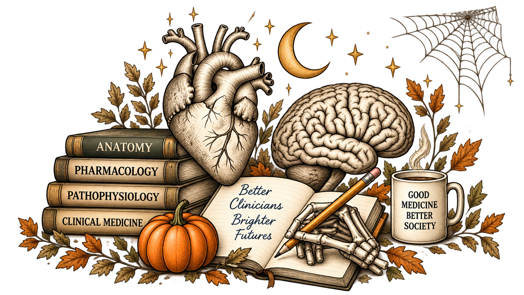 Engraved Halloween medical study scene with an anatomical heart, brain, books, pumpkin, notebook, skeletal hand and medicine mug
