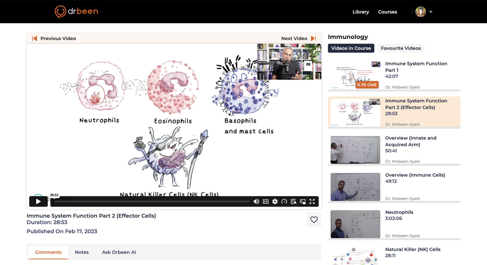 DrBeen immunology lecture window showing a hand-drawn lesson and course video list